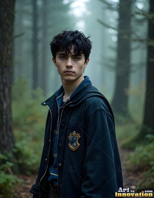 Standing in a foggy forest, a young man wears a dark hooded jacket with a crest