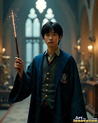 A young man in a blue robe holds up a sparking wand indoors