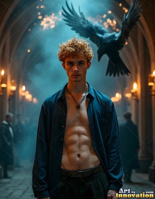 Curly blond hair frames a young man in an open blue button-up shirt near a flying black raven