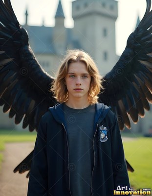 A young man stands before large black wings spread wide in soft daylight