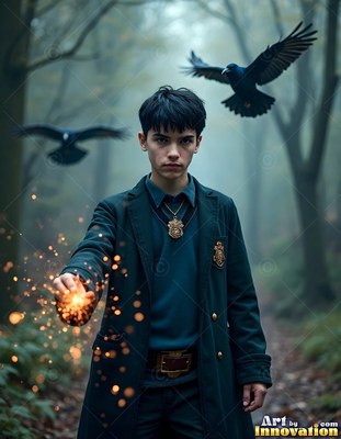 Standing in a foggy forest, a young man casts sparks as two ravens fly overhead