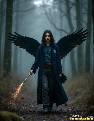 A young man with black wings walks down a misty forest path holding a sparking wand