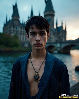 By a river before a castle, a young dark-haired man wears a pale blue robe