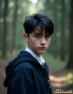 Young man in a black school robe standing in a forest