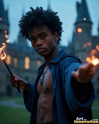 In a pale blue robe outside a stone castle at dusk, a young man holds sparking wands