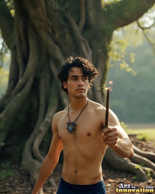 A shirtless young man raises a wand before an old tree in soft morning light