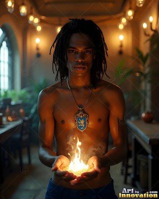 A shirtless young man carries a small fire in his cupped hands in a dim hallway