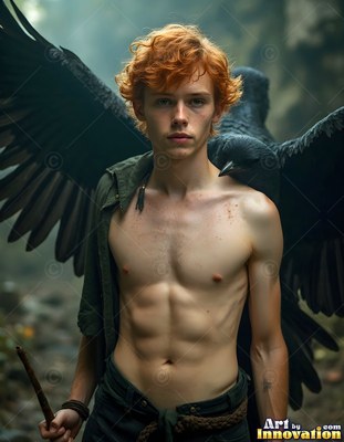 In a dim forest, a shirtless young man with red hair stands with a raven on his back