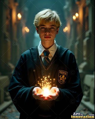 Cupping bright yellow sparks in his hands, a blond young man stands in a dark hall