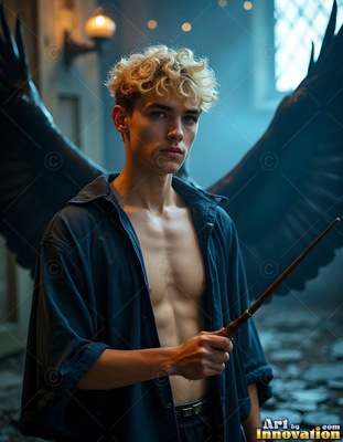 Young blond man holding a wand with black wings behind him