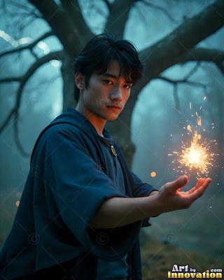 Dark robe open at the neck, a young man grips bright yellow sparks in a misty forest