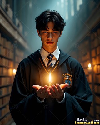 A young man holds a small candle between his hands in the warm library light