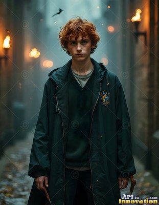 Standing in a stone alley, a young red-haired man holds a wand in a dark green coat