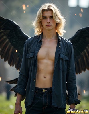 A blond man in an unbuttoned shirt stands outdoors with large black wings