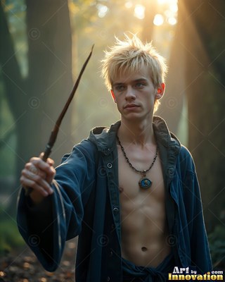In a sunny forest, a blond young man in a plain blue robe holds up a wand