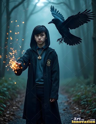Holding sparks in his hand, a hooded young man walks near a flying black raven