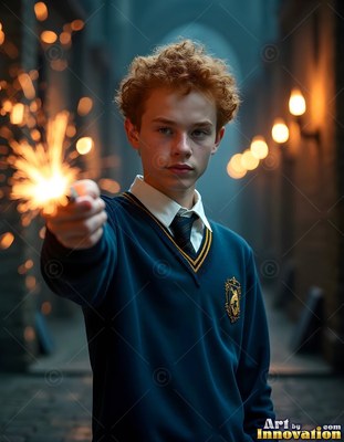 Young man in a blue uniform points a sparkling wand forward