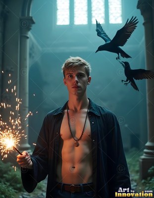 An open black shirt on a young man holding a sparking wand in a stone hall near two ravens