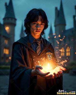A young man in school robes holds bright sparks in his open hands before a dark castle