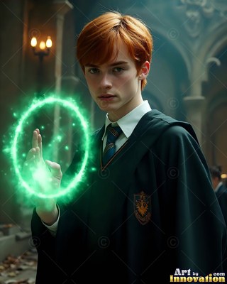 Facing forward in a castle hall, a red-haired young man holds up a green ring of light