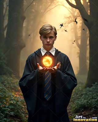 A young blond man in a black robe holds a bright yellow orb in misty woods