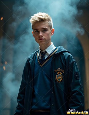 In blue smoke, a young blond man stands wearing a dark academy uniform