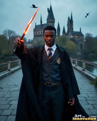 Raising a bright wand, a Black man in a dark school robe stands near a castle bridge