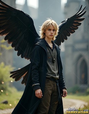 Young blond man in a black coat with large raven wings behind him