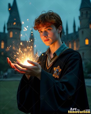 In a black robe, a young man has in his hands bright yellow sparks outside a castle at dusk