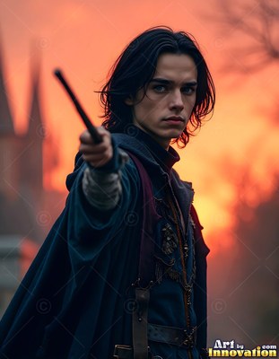 A young man points a wooden wand forward against a warm sunset sky