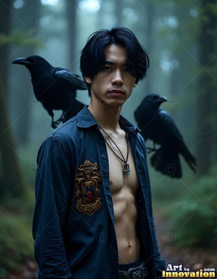 Turned sideways in a dim forest, a man stands with two ravens