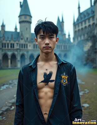 A young man stands outside a gray castle with an unbuttoned shirt and a raven chest tattoo