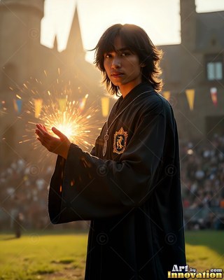 In a sunny courtyard, a young man in black robes holds bright sparks in his hands