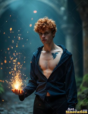 Holding sparks in his palm, a shirtless red-haired man stands in a dark stone hall