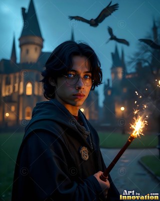 Young man in robes holds a sparking wand outside a castle at dusk