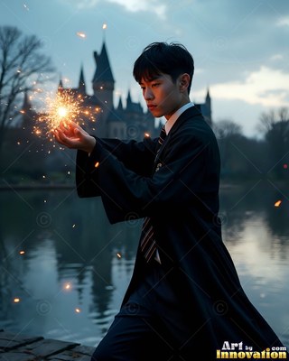 In a black robe, a young man holds bright yellow sparks by a lake before a castle