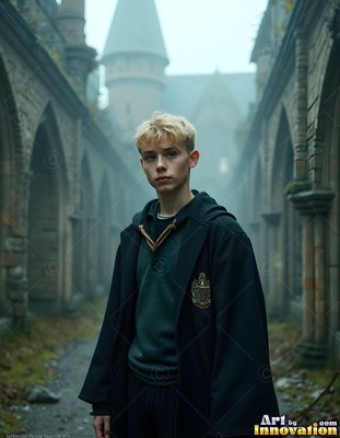 A young blond man stands in a dark robe within a misty stone courtyard under cool gray light