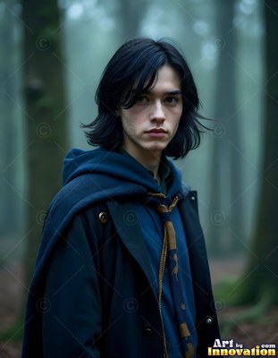 Facing forward, a dark-haired young man in a blue cloak stands in a misty forest