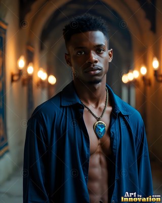 A young man in an open dark blue button-up shirt walks down a warm stone hallway
