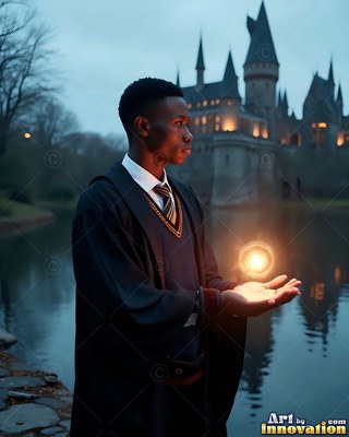 Beside a dark lake, a young man in black robes holds a bright ball of light