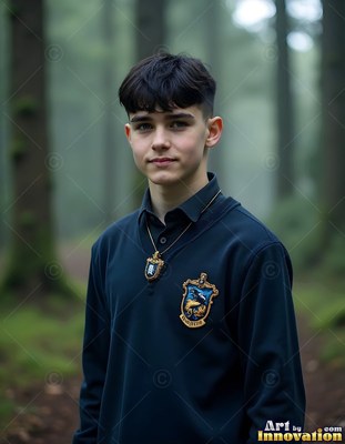Young man in a navy school uniform standing in a misty forest