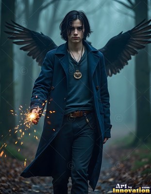 Wearing a blue coat, a man with raven wings walks through misty woods with sparks in hand