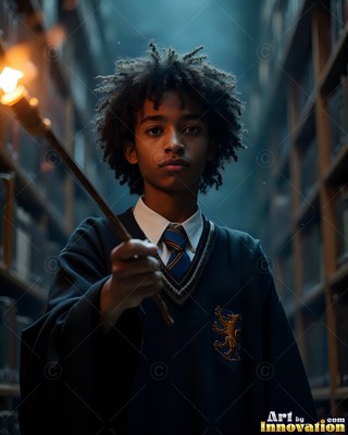 A young man points a wand forward in a library aisle lit by warm yellow light