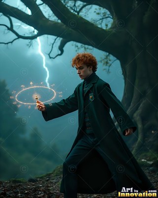 Standing in profile by a dark tree, a man in a green coat casts a spark ring