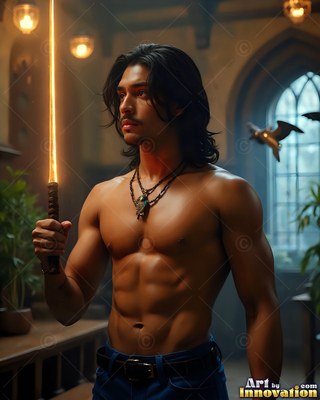 A shirtless man with long dark hair holds a bright orange sword inside a stone room