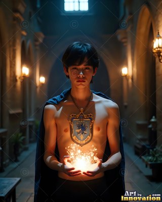 In a castle hallway, a shirtless young man in a dark cape holds bright light in his hands