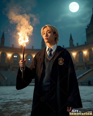 Blond man in school robes holding a torch at night