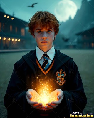 In a black school robe, a young man holds bright sparkles outside a castle courtyard