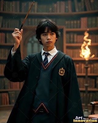 A young man in a black school robe holds up a wand near warm yellow torchlight