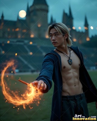 Facing forward, a shirtless man casts fiery magic before a dark castle